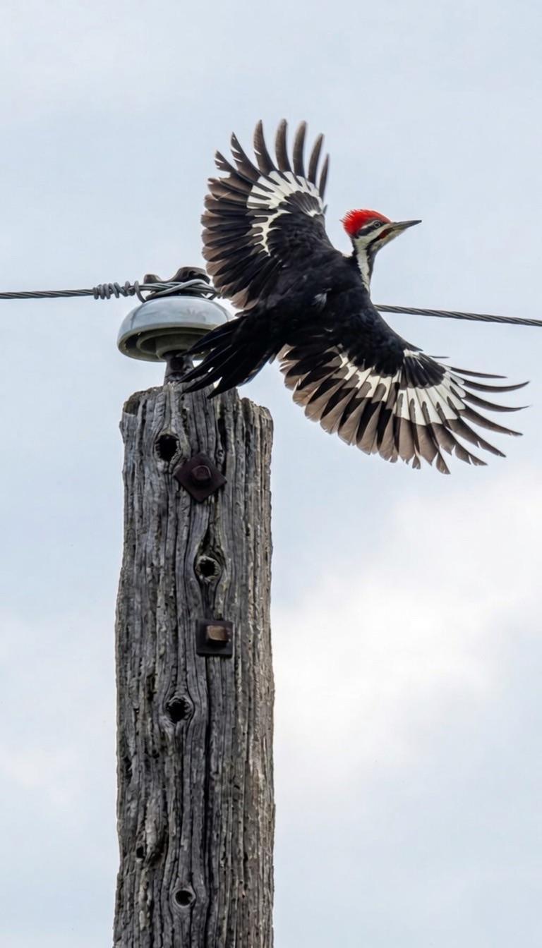 在美国费城拍到的一只北美黑啄木鸟（pileated woodpecker），正攀