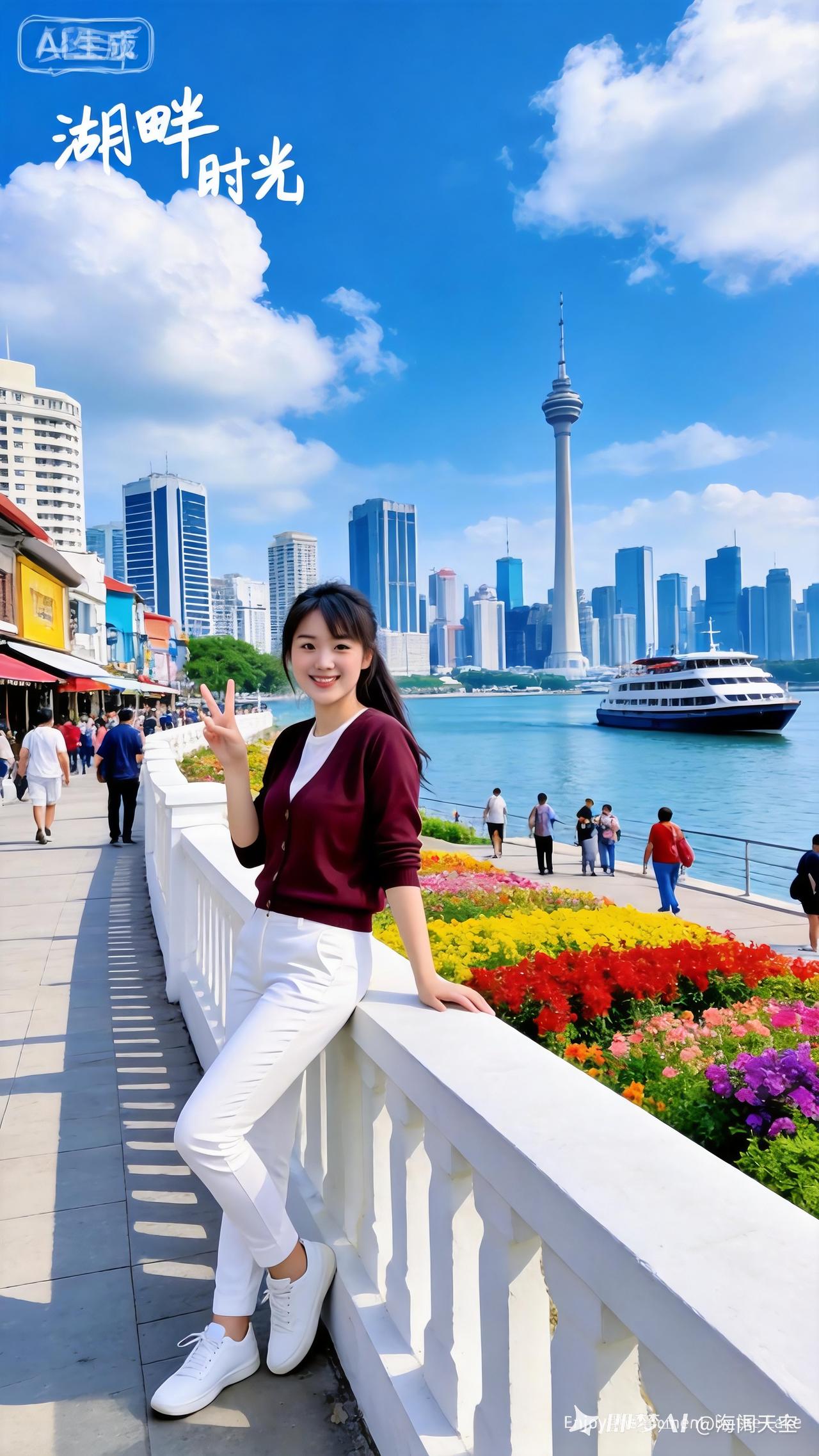 黑发女子身着暗红上衣搭配纯白长裤，脚踩白鞋倚湖栏比出V字。晴空白云映衬科伦坡城市