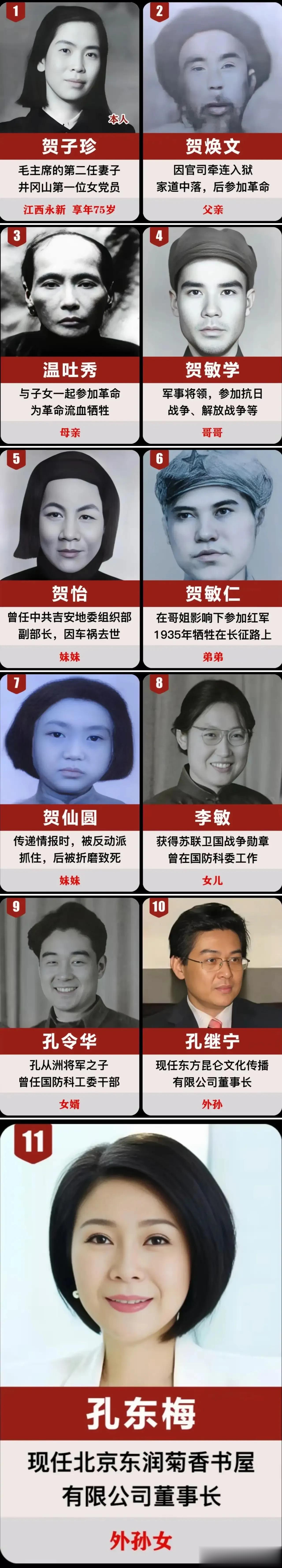 贺子珍的父亲参加了革命。
贺子珍的母亲参加了革命。
贺子珍的哥哥、弟弟及两个妹妹