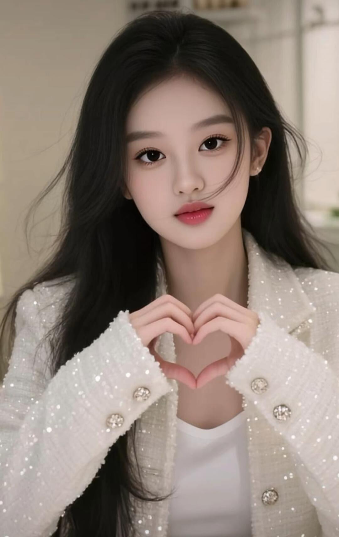 甜美心型手势，闪耀白色外套，少女心满满！💖✨