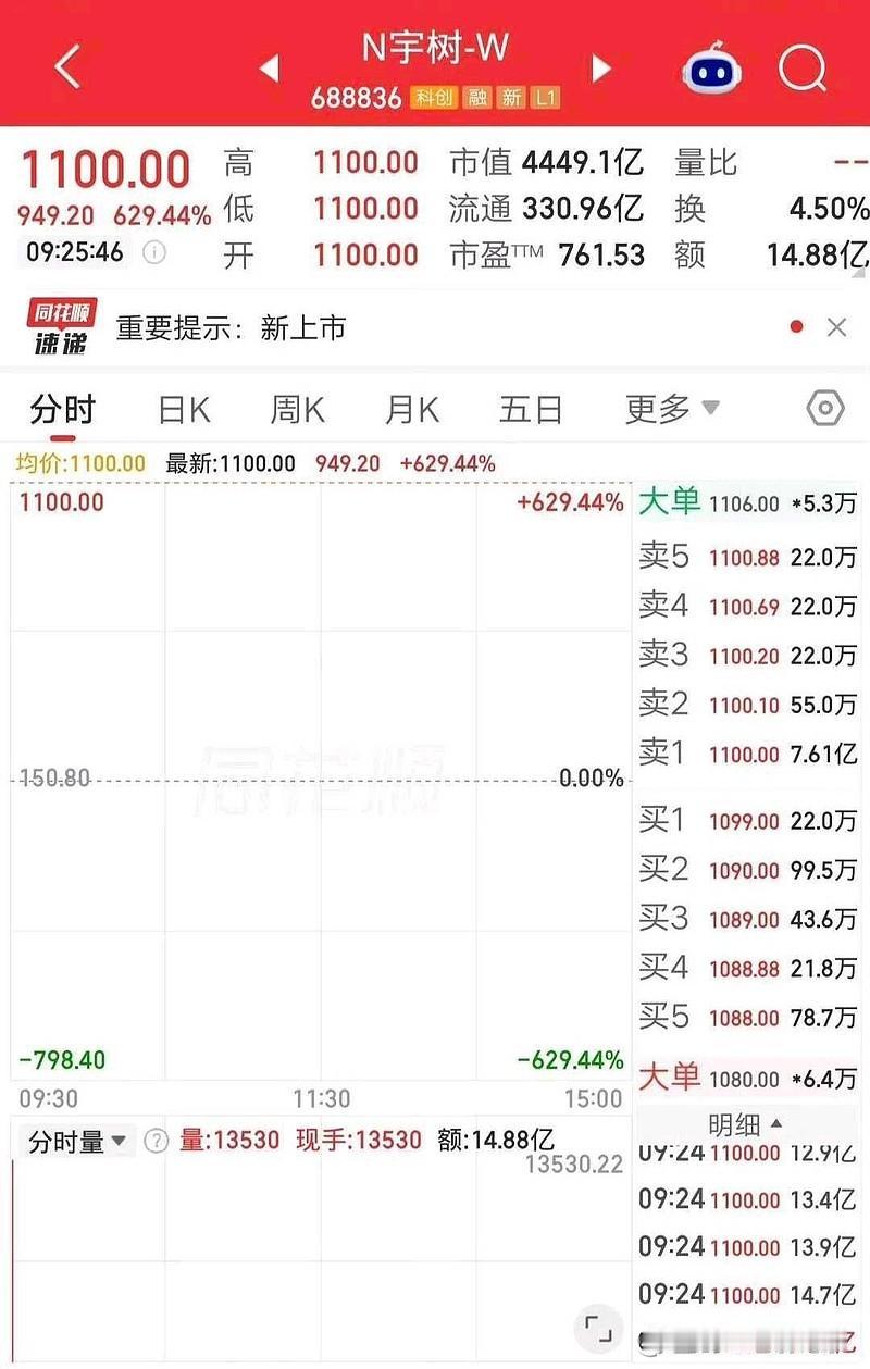 1100元接盘宇树的股民太惨了，上市当天的开盘价就是1100元的最高点，此后一路