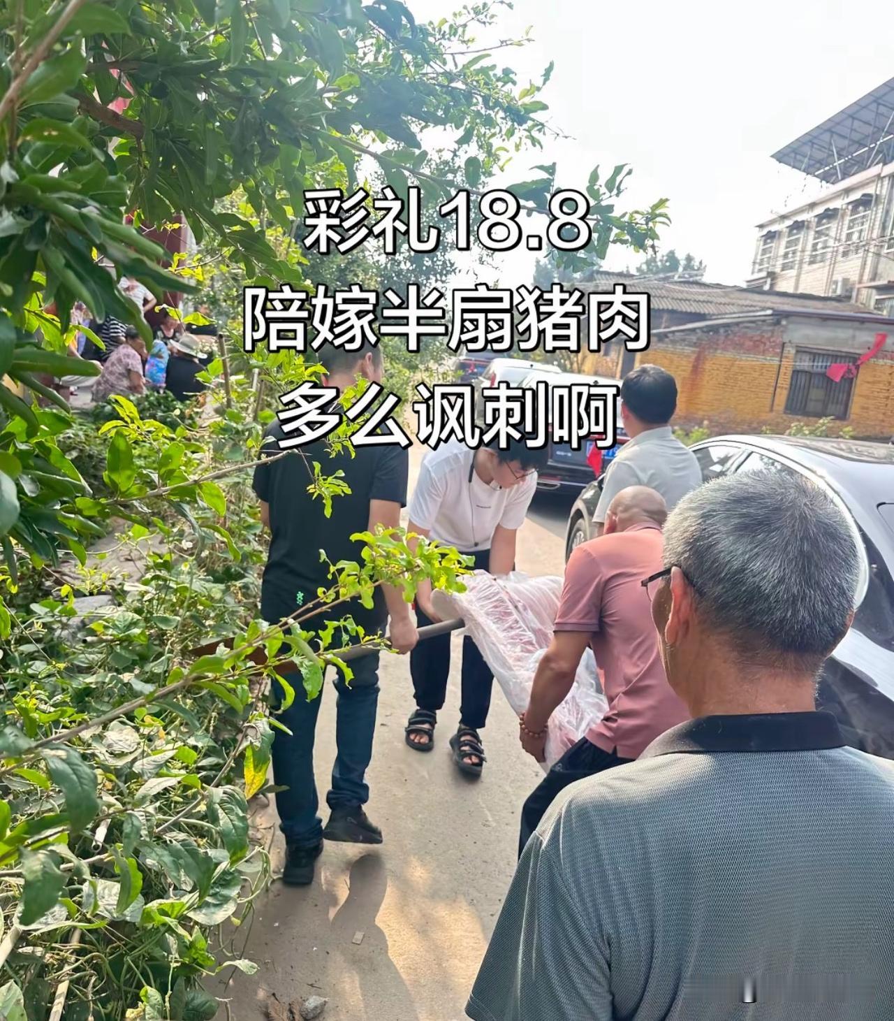 今天去参加一场婚礼，
男方给了18.8w的彩礼，
女方的陪嫁只有半扇猪肉，
这差