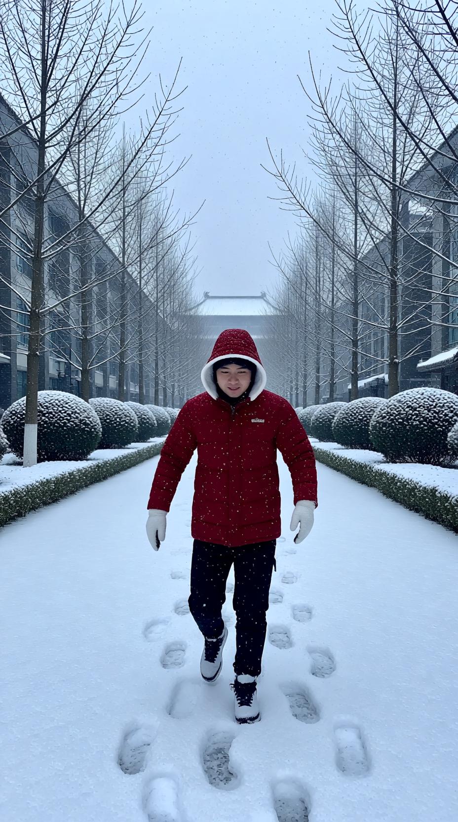 下联：冬踏雪花来