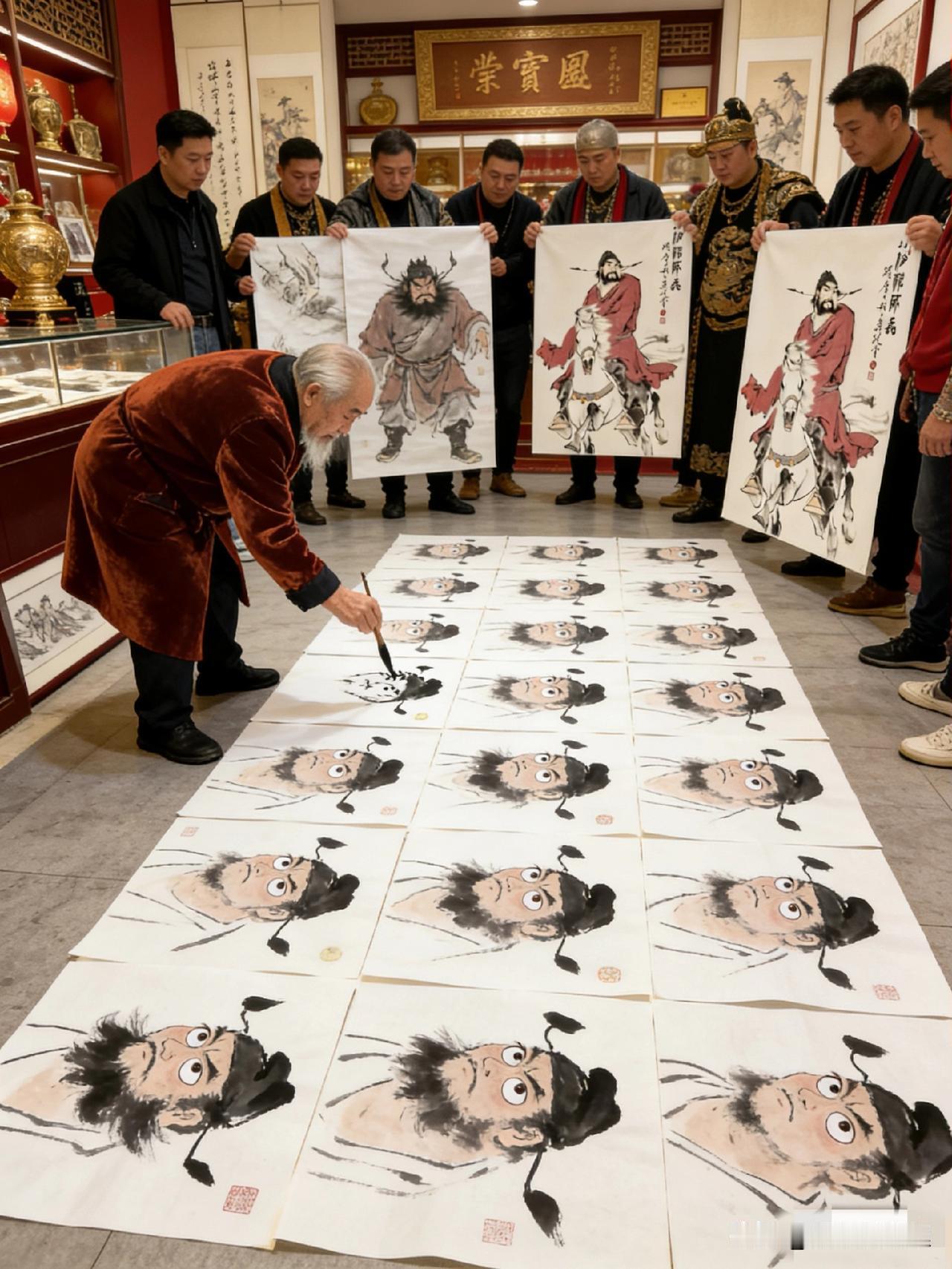 看了所谓“大师”的作画现场，真给我看乐了。

二十张宣纸往地上一铺，跟工厂流水线