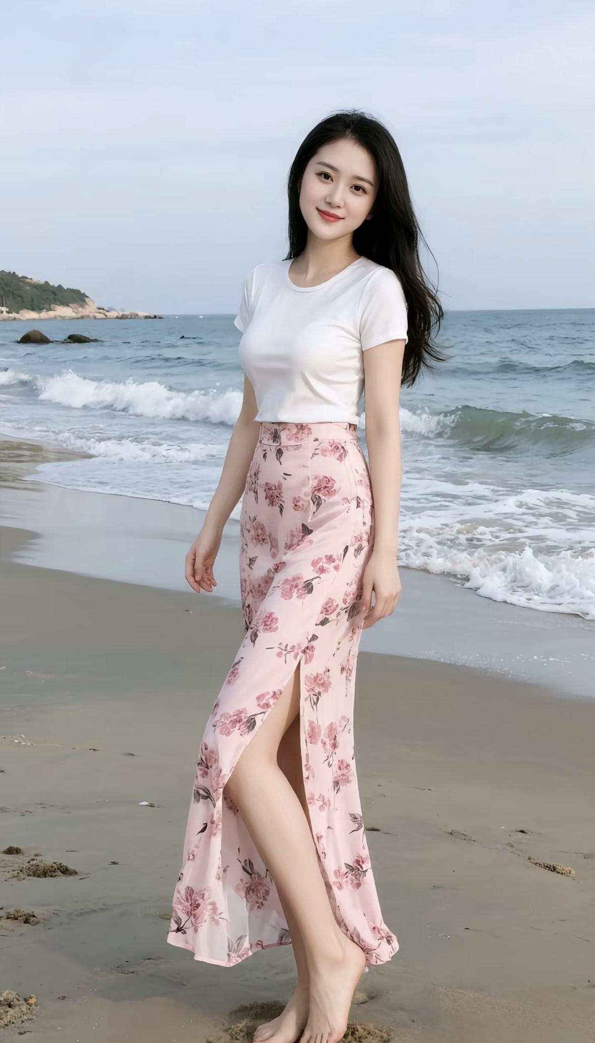 海风吹拂，裙摆轻扬。