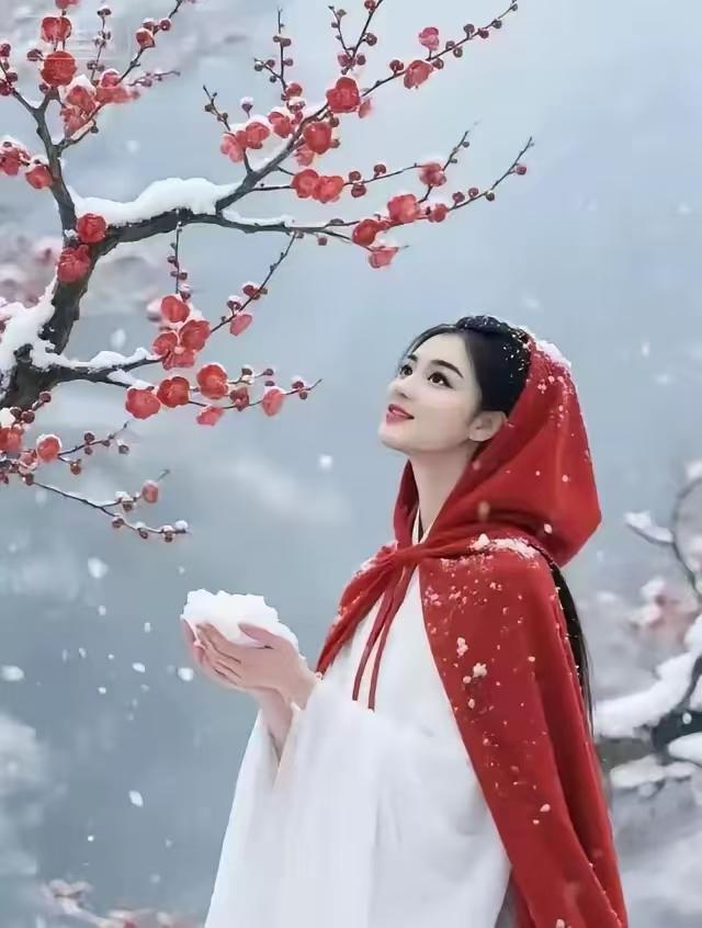 殿前欢·红帔观梅
立霜林，
红帔蒙肩韵难禁。
琼英坠鬓寒音沁，
素雪凝襟。
红梅