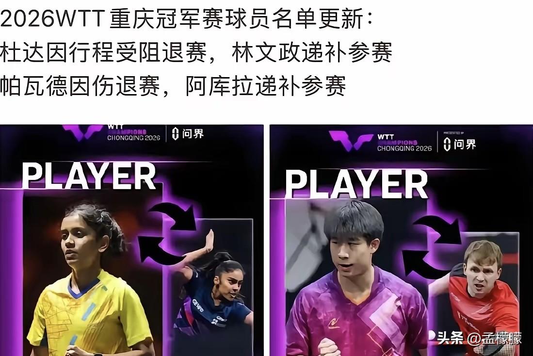 WTT重庆冠军赛2026还没开赛就状况不断。德国的杜达因行程受阻退赛，澳大利亚的