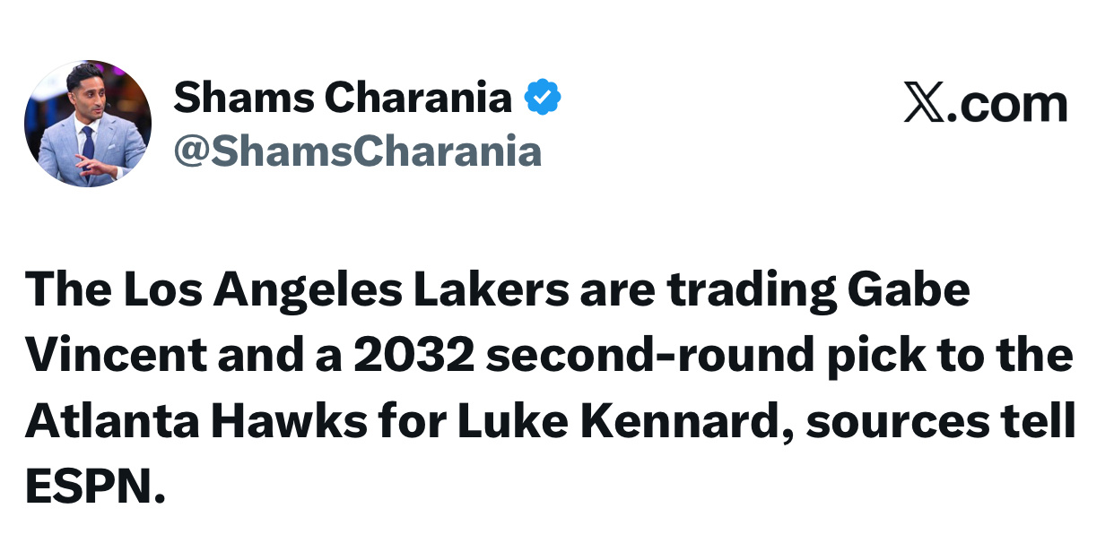 卧槽了，老鹰给8d找了一个竞争对手shams：洛杉矶湖人队将加布文森特和 203