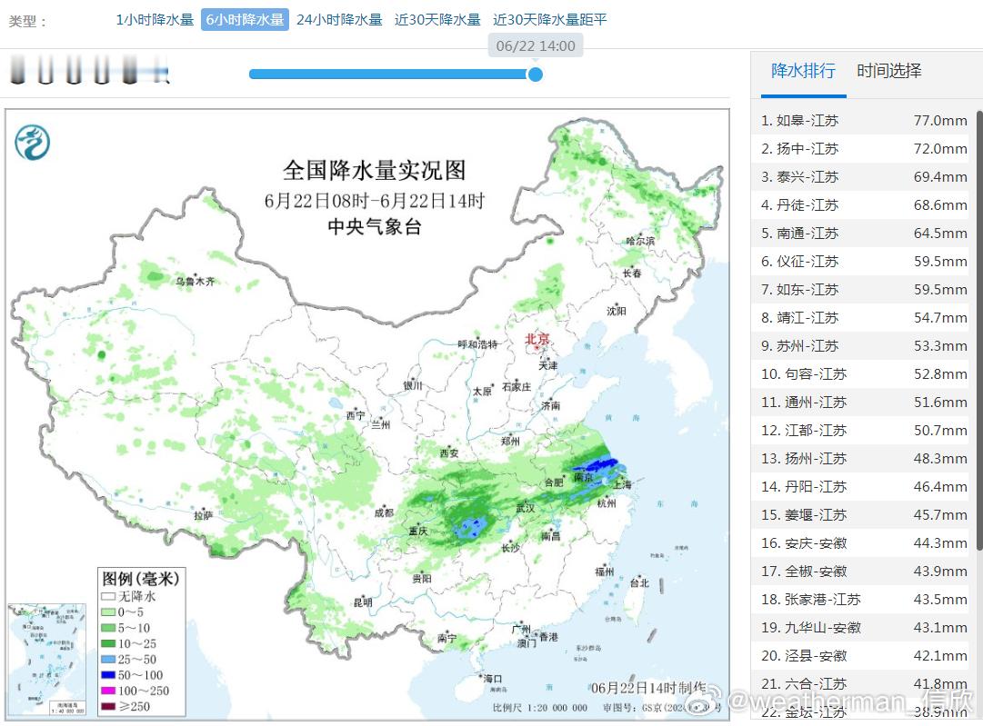 【强降雨和强对流】今天08-14时，我国的主雨带位于长江中下游一带。江苏站点包揽