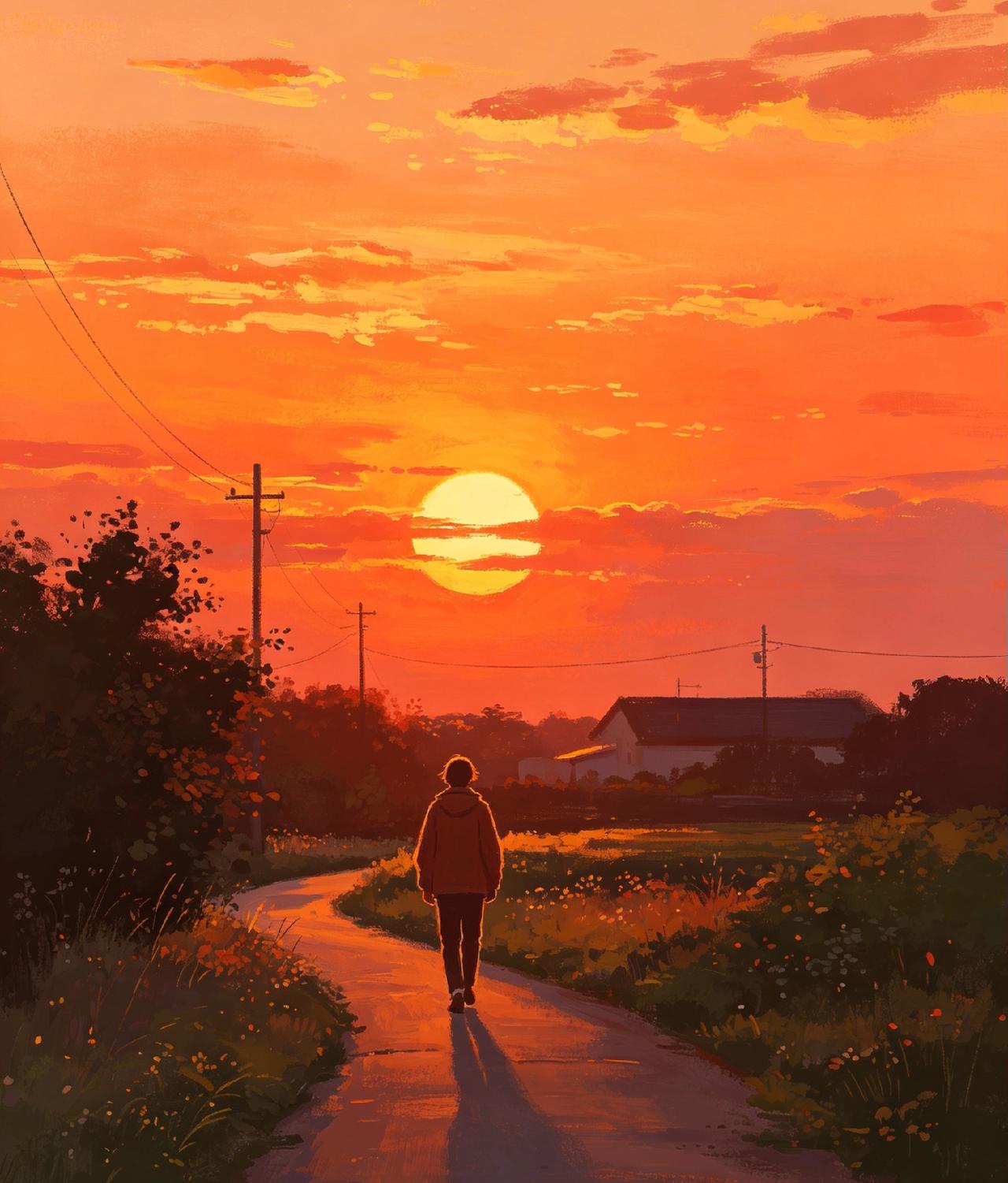 晚饭后沿着小路散步，夕阳把云朵染成橘红色。路边小狗摇着尾巴跑来跑去，行人低声闲谈