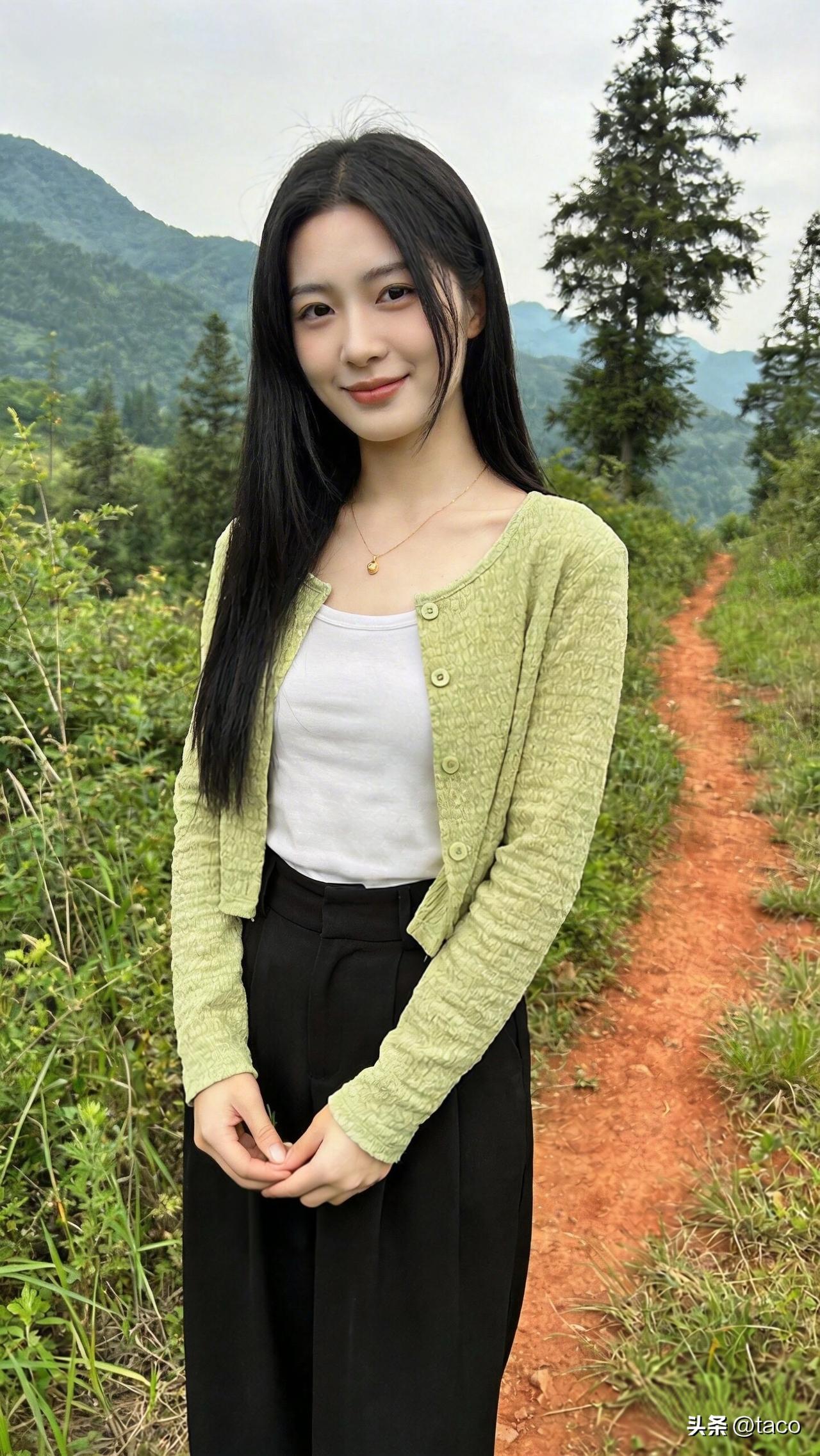 绿衣美人立，山间路蜿蜒。