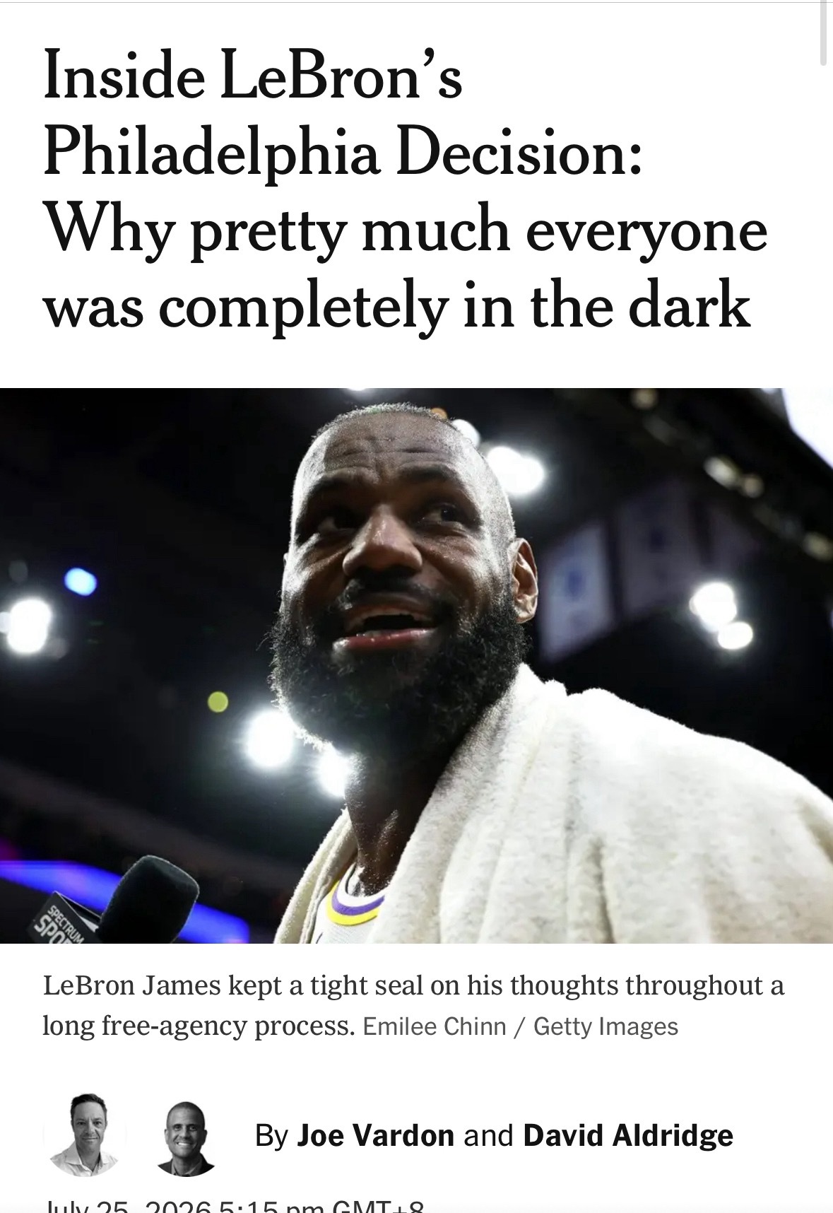 David Aldridge：在被雷霆横扫出局后，詹姆斯曾认真考虑退役，但回顾上