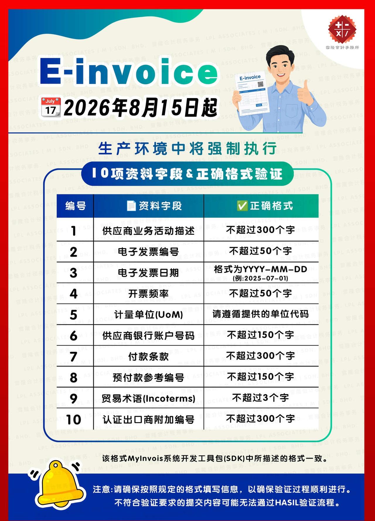 🇲🇾E-invoice 10项资料&格式强制验证
📆2026年8月15日起