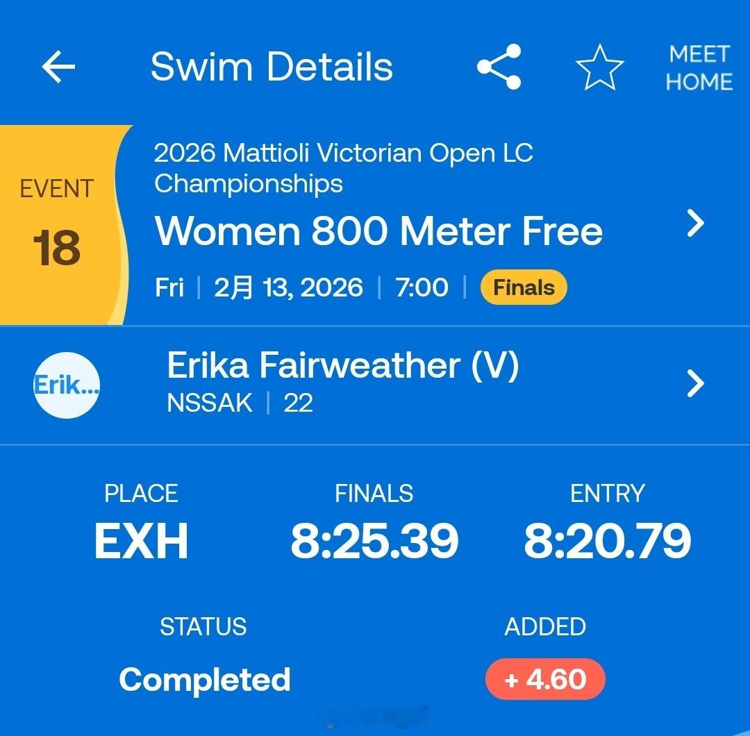 维多利亚洲游泳锦标赛 女800自快组决赛🇳🇿Erika Fairweathe