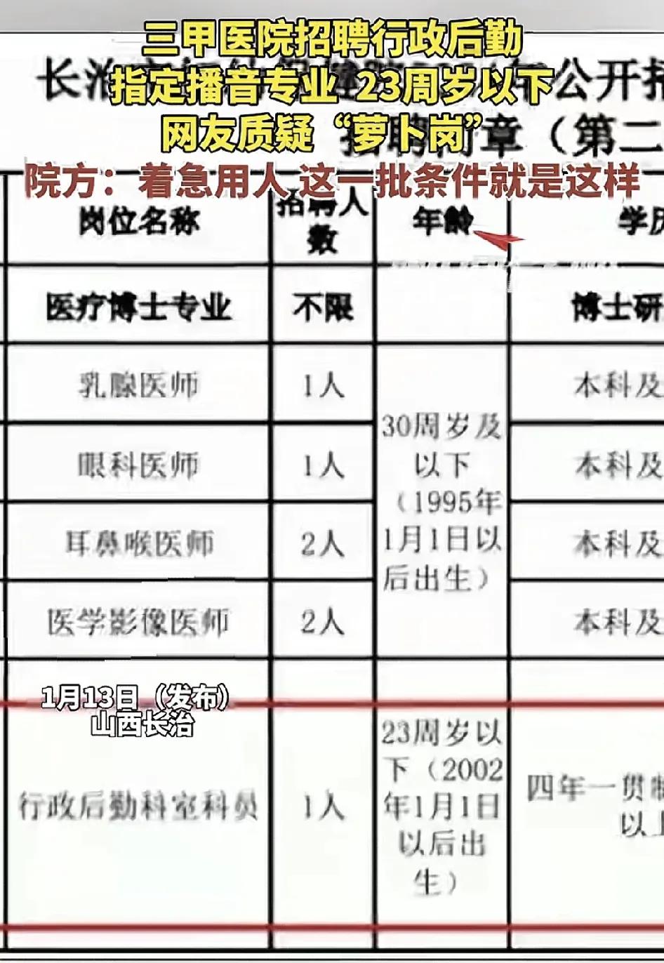 1月13日，山西长治有网友称一所三甲医院招聘行政后勤的其中一个岗位要求是播音专业