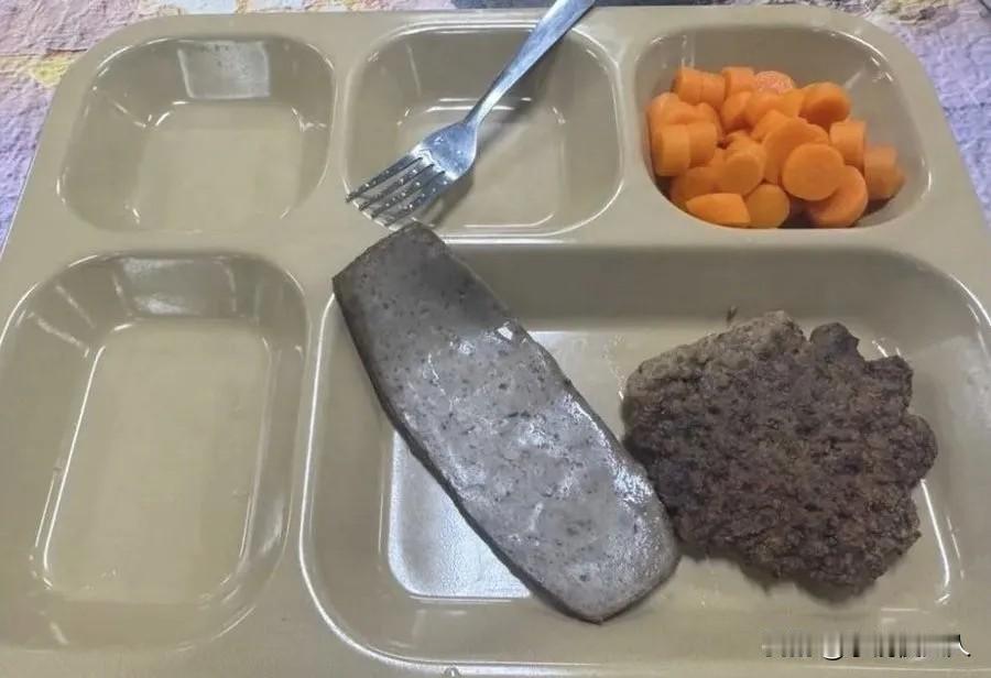 美国“林肯号”航母，士兵的伙食太差了！

午餐只有一片粗粮面包，几块胡萝卜片，一