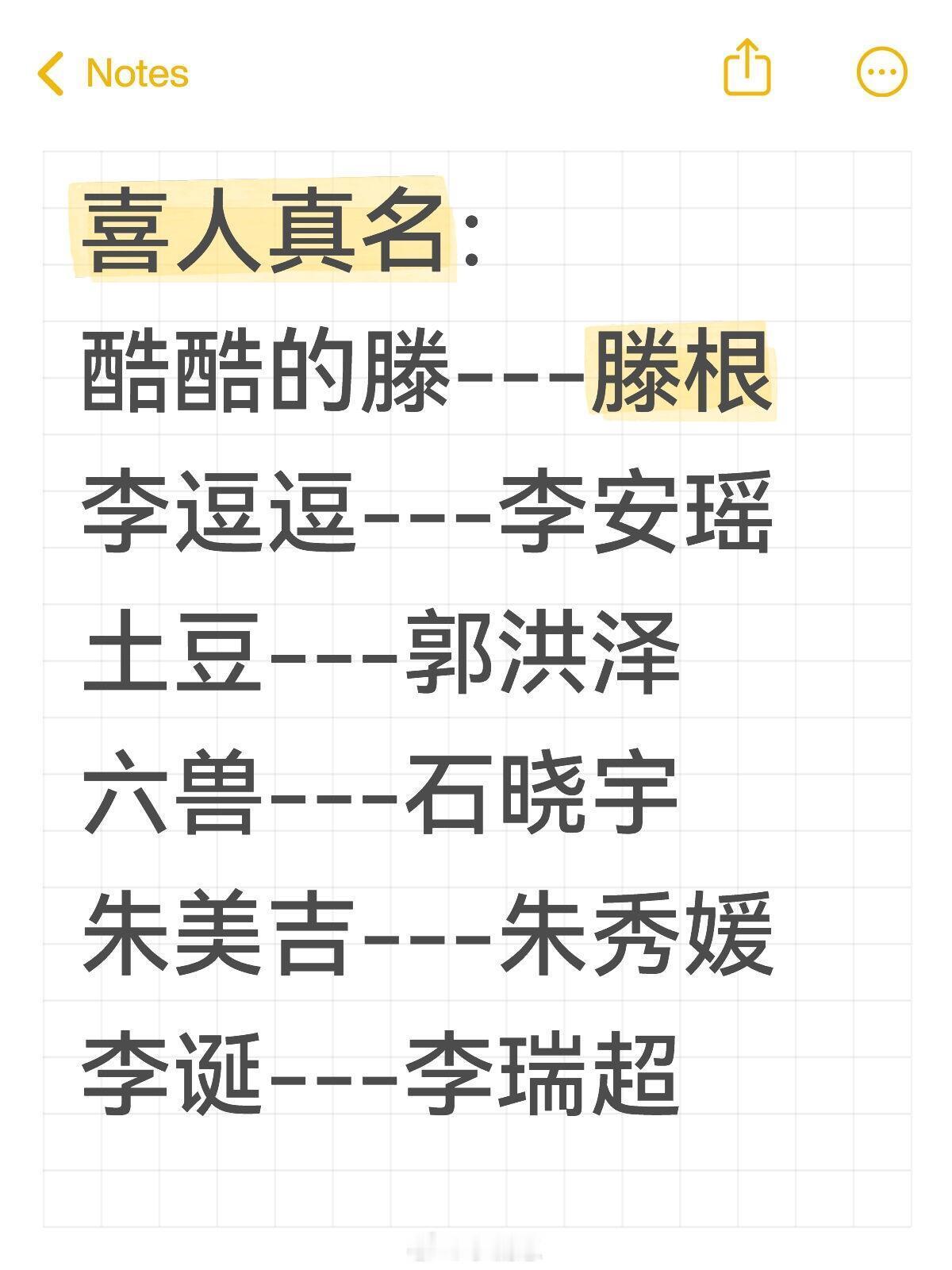 喜人真名：酷酷的滕---滕根李逗逗---李安瑶土豆---郭洪泽六兽---石晓宇朱