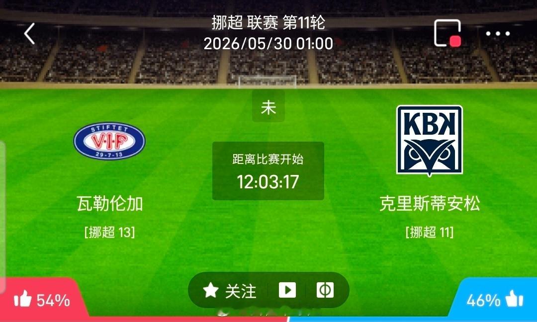 【足球】周五005挪超联赛方向：瓦勒伦加vs克里斯蒂安松挪超：瓦勒伦加VS克里斯