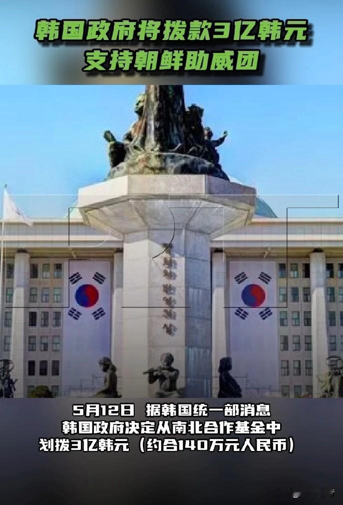 韩国政府拨款3亿韩元支持朝鲜助威团。

据今日俄罗斯报道，5月12日，据韩国统一