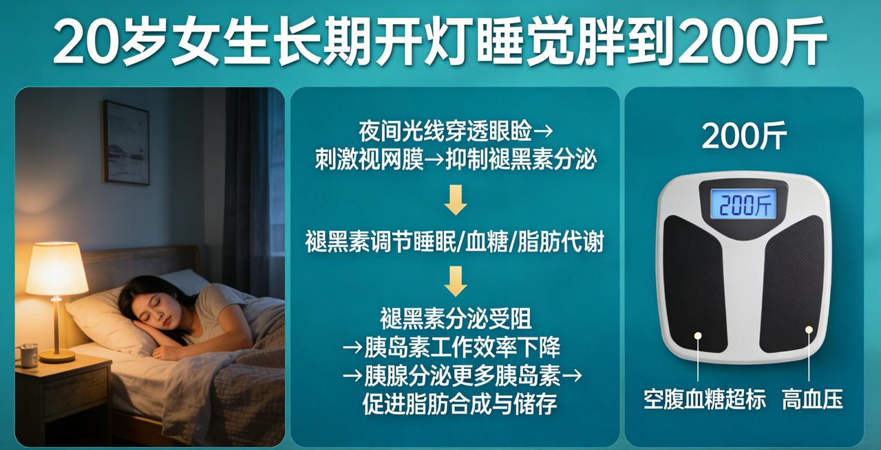 一名20岁的女生长期开着灯睡觉，体重涨到了200斤。她还查出了空腹血糖超标和高血