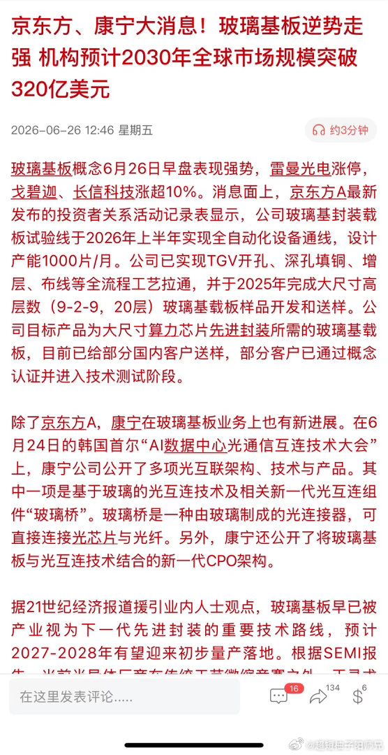 【京东方A，一场大戏才开始】玻璃基板概念6月26日早盘表现强势，雷曼光电涨停，戈