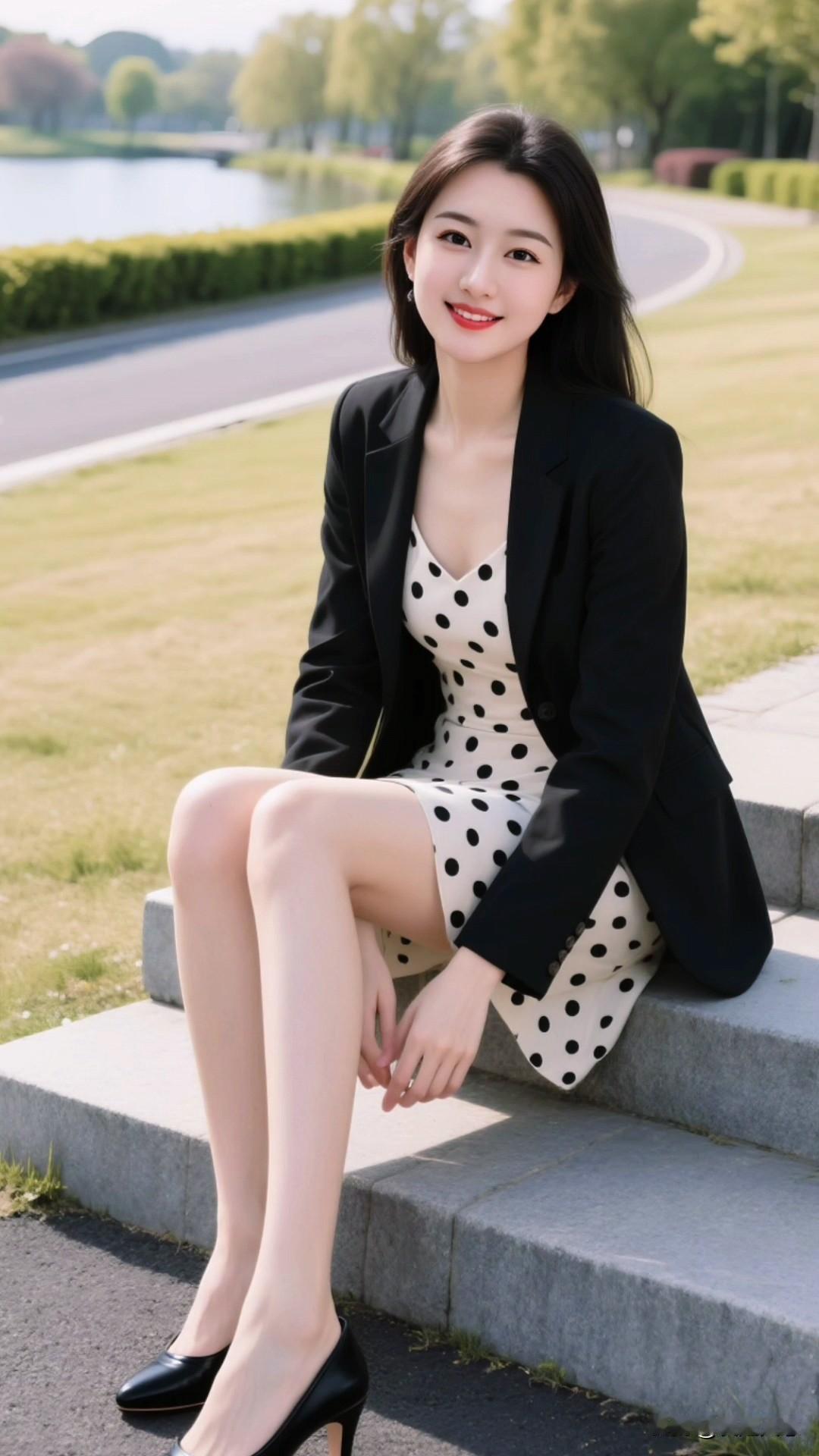 春日逛公园，这套波点裙+黑西装的组合太绝了！米白底黑波点吊带裙自带复古温柔感，修
