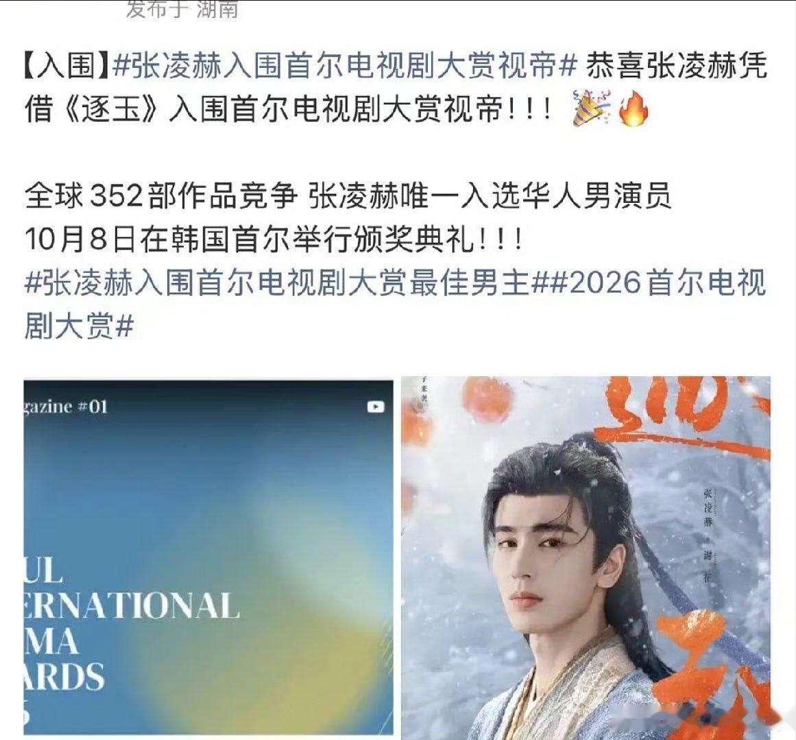 我的法。。。张凌赫凭借逐玉入围了首尔电视剧大赏视帝提名 是内娱唯一一个入围的男星