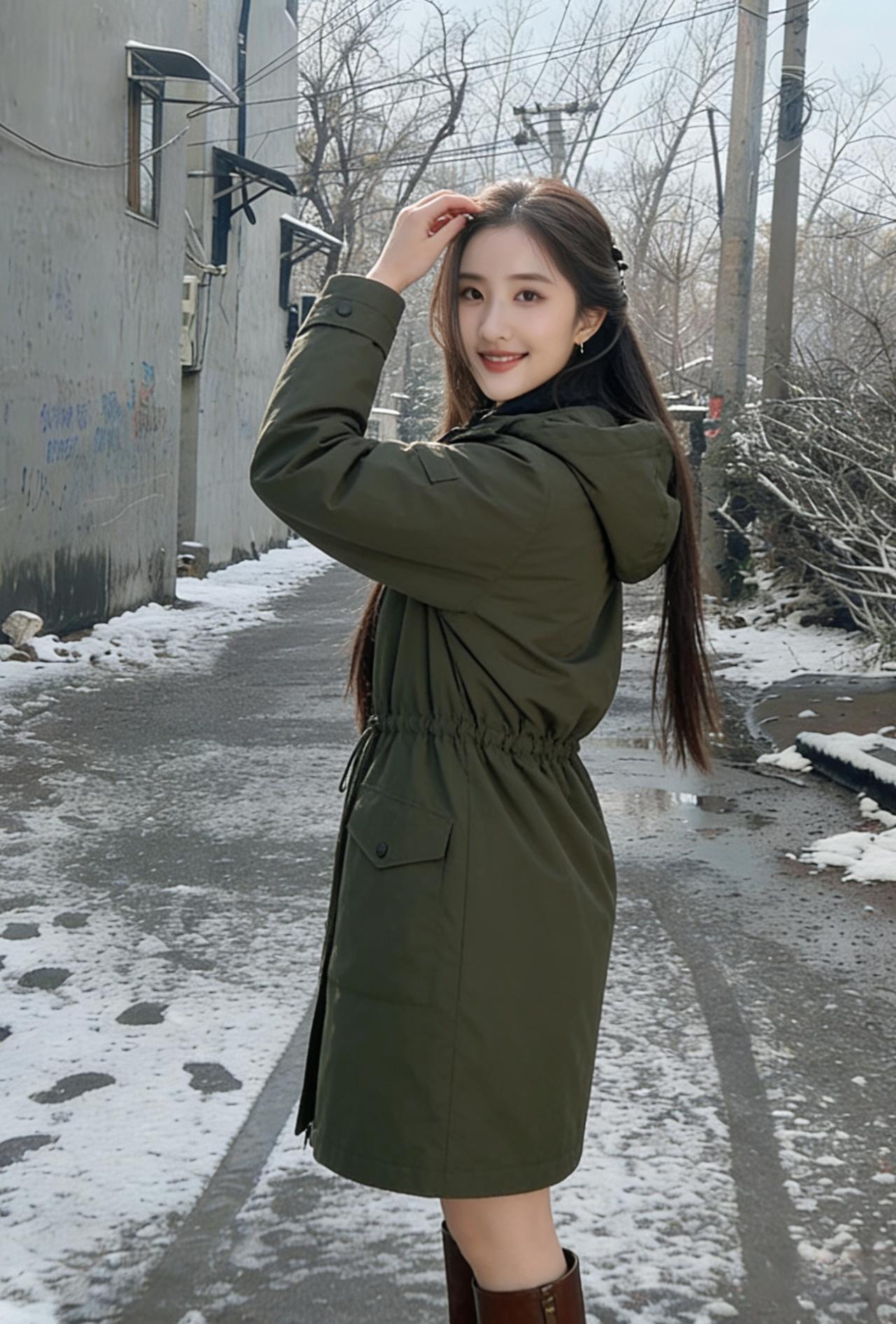 残雪在巷陌的砖缝里蜷着
像未融的月光碎片
军绿色派克大衣
是雪色里烧起来的一簇绿