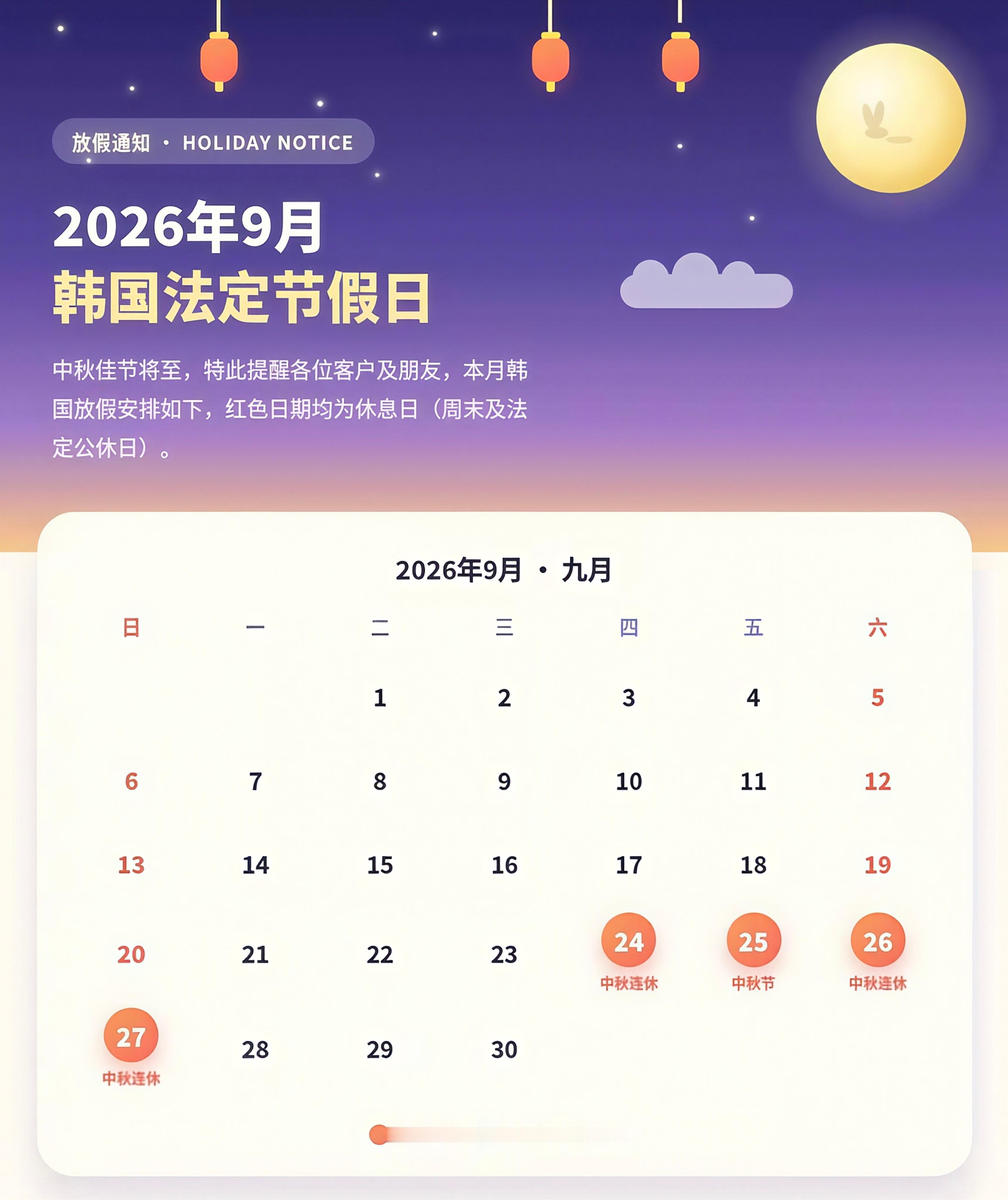 【🆘】韩国中秋节假期今天开始放假，连放四天。[手指比心] ​​​