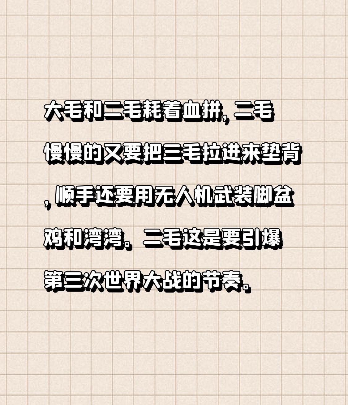 大毛和二毛耗着血拼，二毛慢慢的又要把三毛拉进来垫背，顺手还要用无人机武装脚盆鸡和