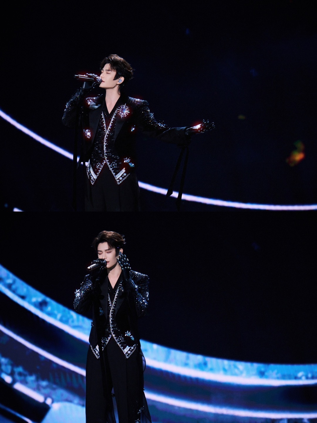 丁禹兮出席QQ音乐超级巅峰之夜舞台图集，身着一袭钉珠钻饰刺绣礼服搭配皮革手套，佩