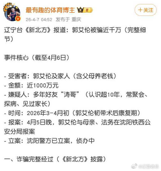 看了一圈 最先造谣新北方报道的是图中这位博主支持维权郭艾伦否认被骗郭艾伦将追责郭