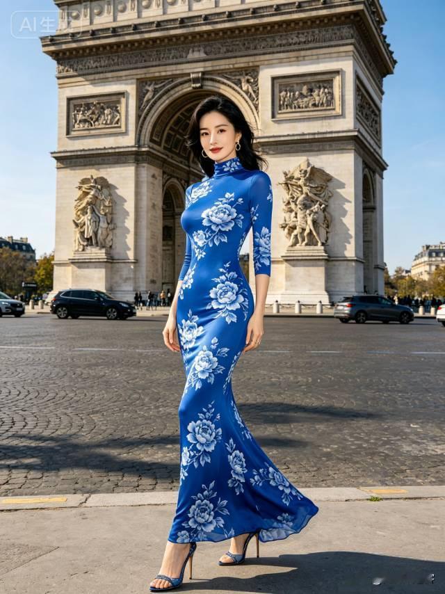 美女法国凯旋门留影。长裙美女 高雅气质美女