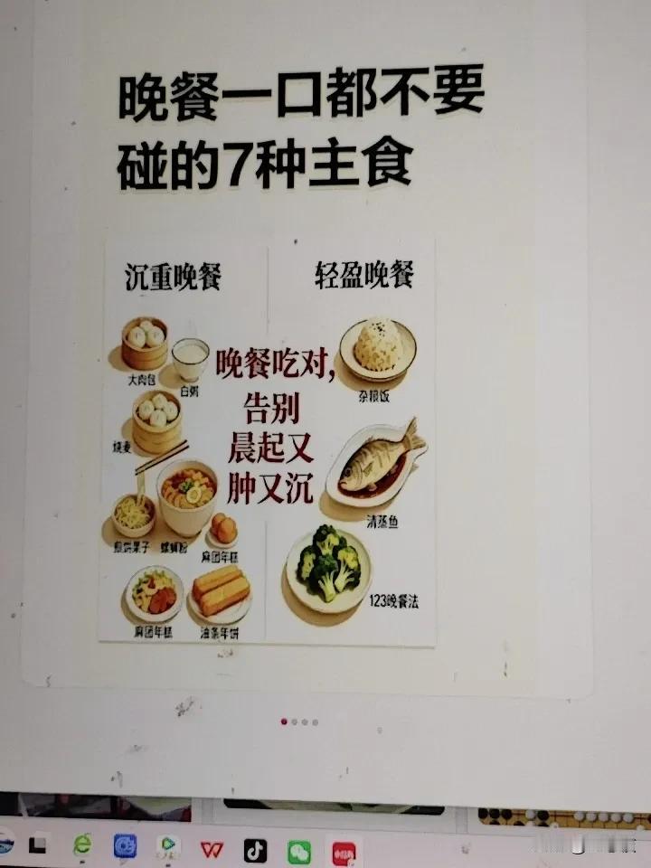 晚餐选主食可得上点心，有7种主食一口都别碰。
高油的油炸面食、炒饭，油脂多，晚上