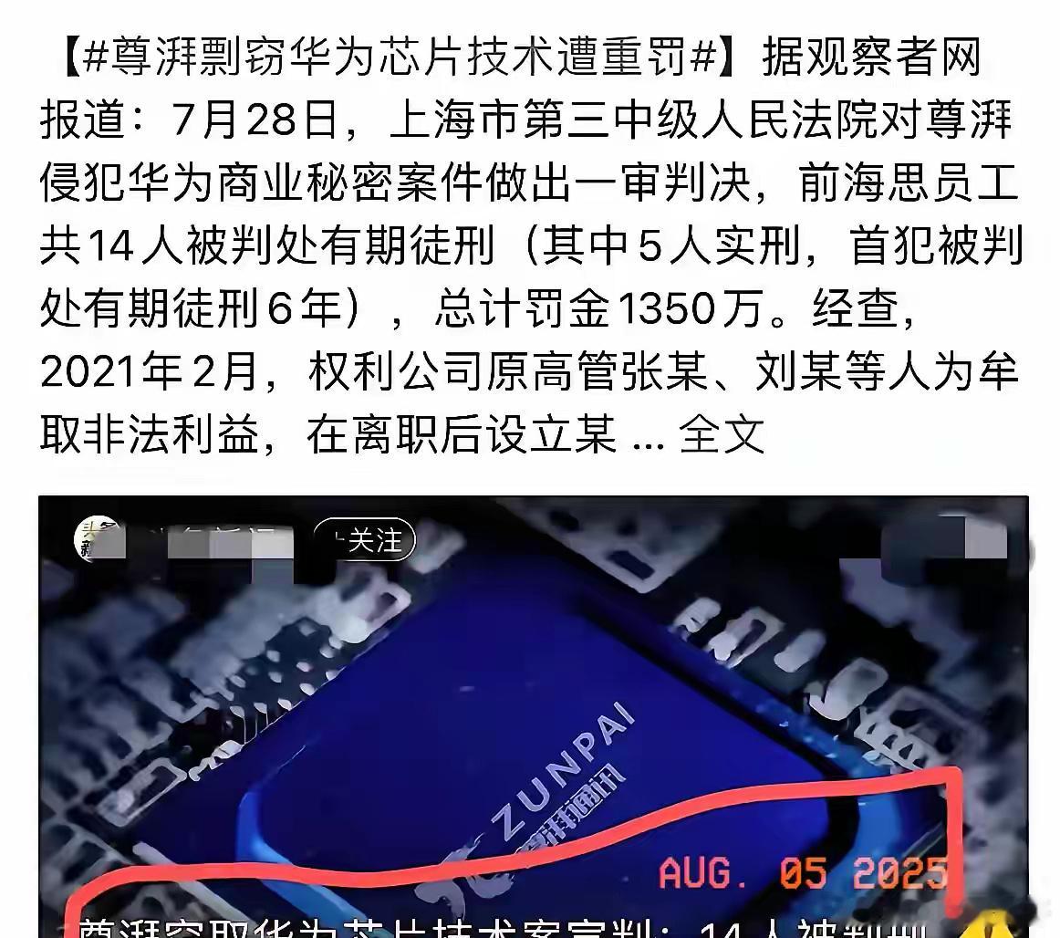 海思这次栽的跟头有点大。张琨的事刚判下来，6年刑期不轻不重。从高通跳到华为，再带