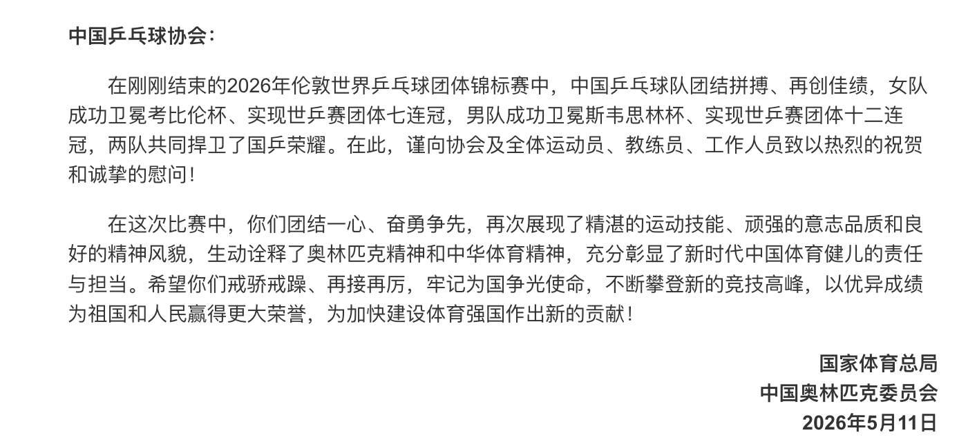 【国家体育总局 中国奥委会致中国乒乓球协会贺信】  