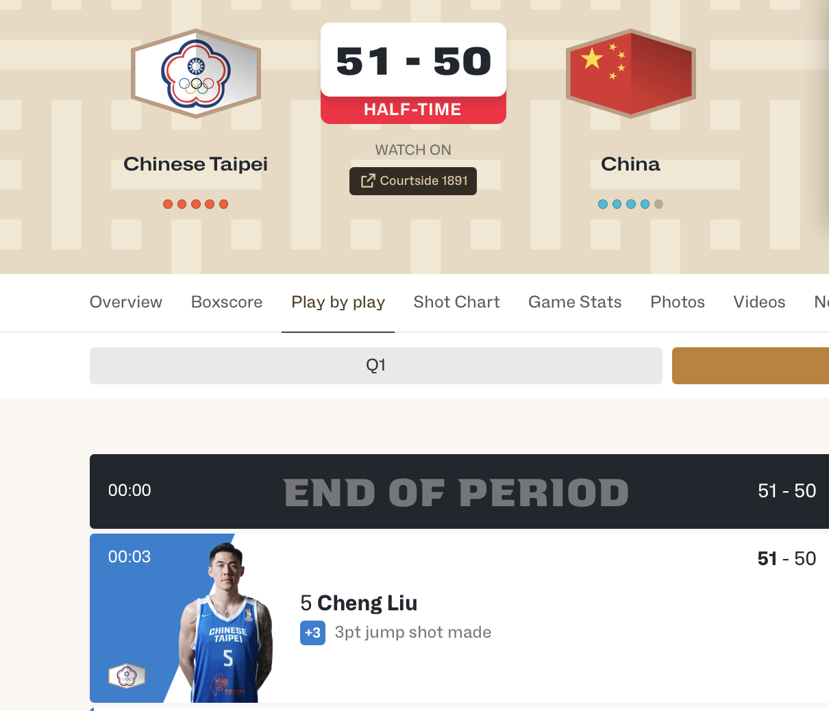 中国男篮vs中国台北男篮 中国男篮半场落后1分，陈盈骏第二节10分，刘铮最后时刻