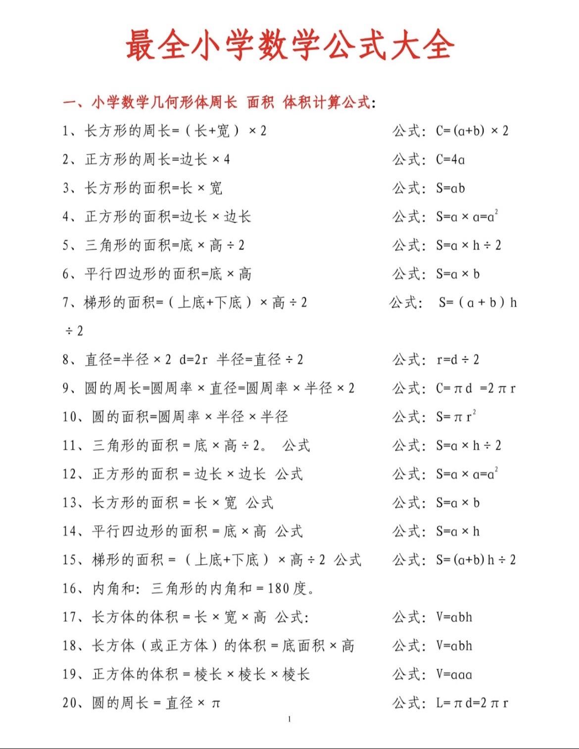 小学数学必背公式，小学数学必考。小学数学必背公式，家长们点赞收藏起来吧