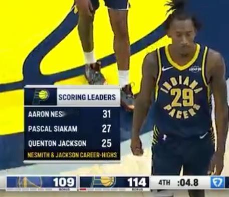 内斯姆斯和杰克逊生涯新高，步行者主场战胜勇士，上一场是罗林斯，今天是内史密斯和杰