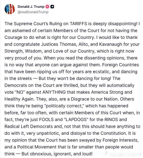 【黄金时代】川普长文痛批最高法打掉紧急关税权, 将采取替代方案川普：最高法院关于