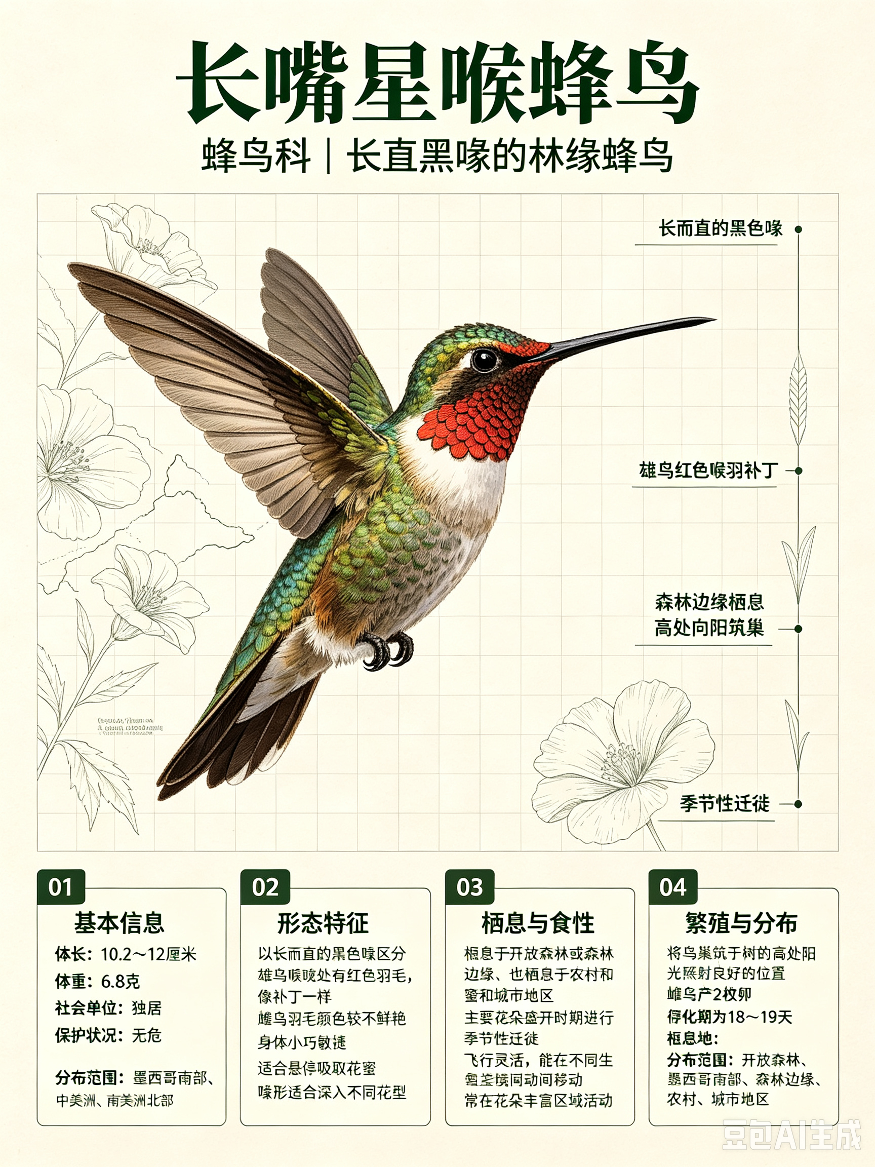 鸟类朋友图鉴 长嘴星喉蜂鸟体长：10.2~12 厘米体重：6.8 克社会单位：独