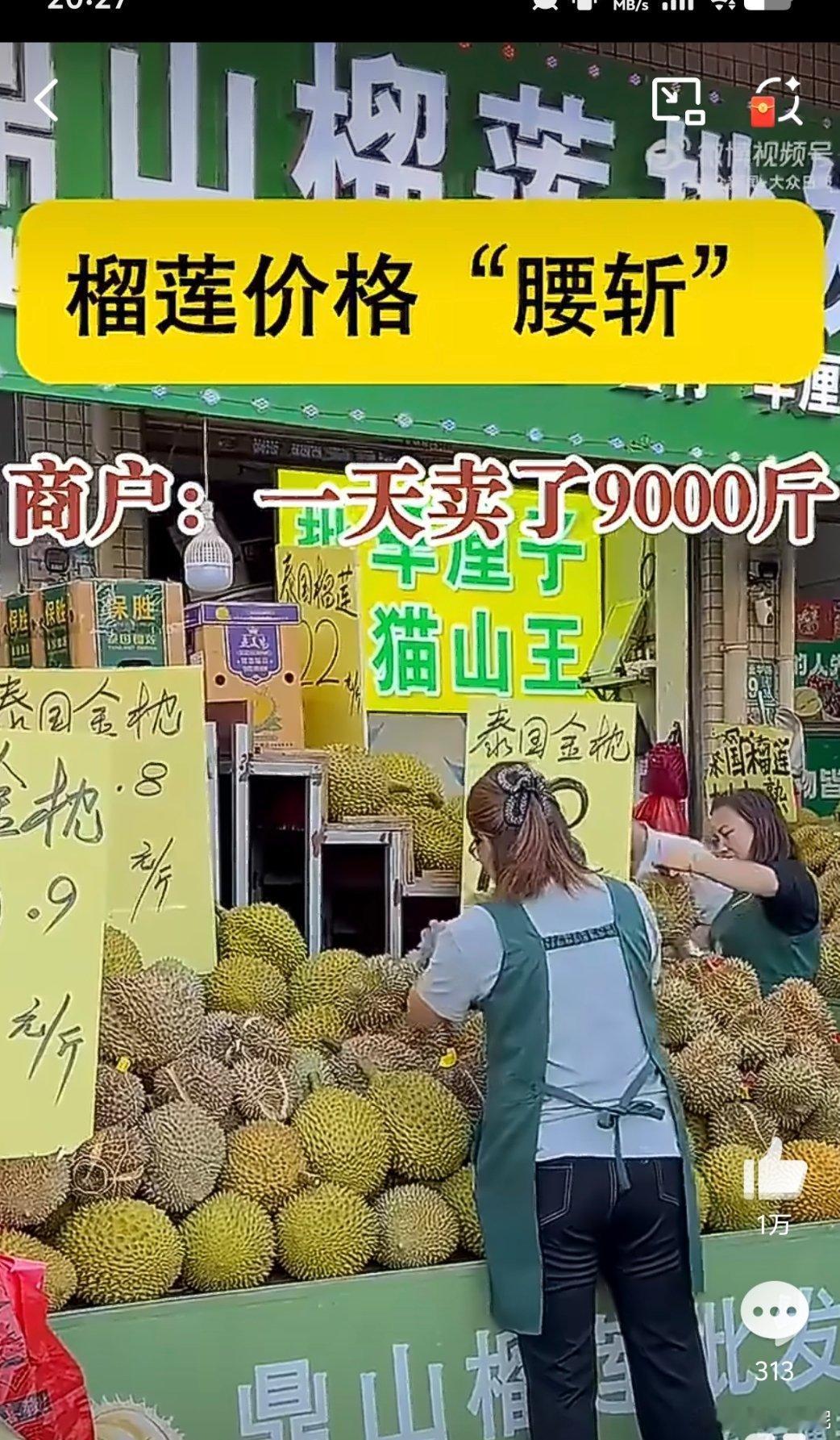 榴莲大降价有果商1天卖了9千斤哦豁，宝子们，你们家旁边水果店的 金枕榴莲价格打下