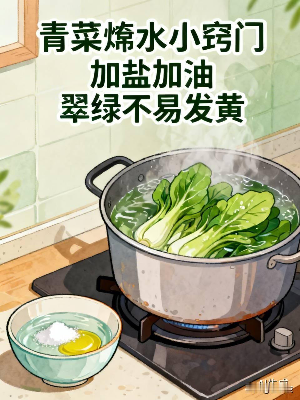 青菜焯水时水里加盐和油，颜色翠绿，不易发黄。
