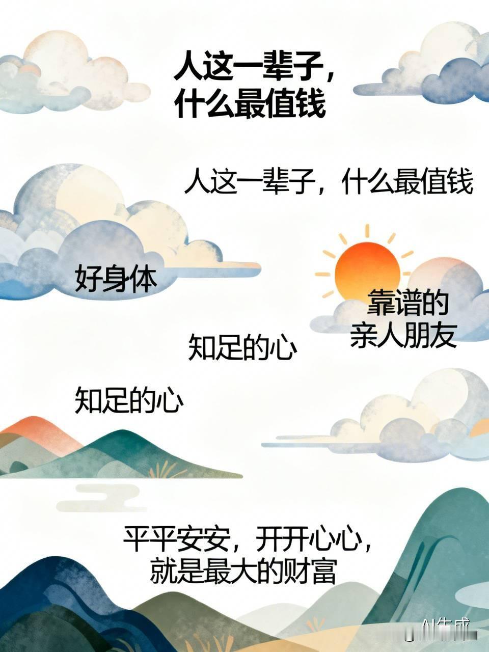 钱再多，也买不来健康。地位再高，换不来真心。
人活一世，最值钱的不是房子车子，而