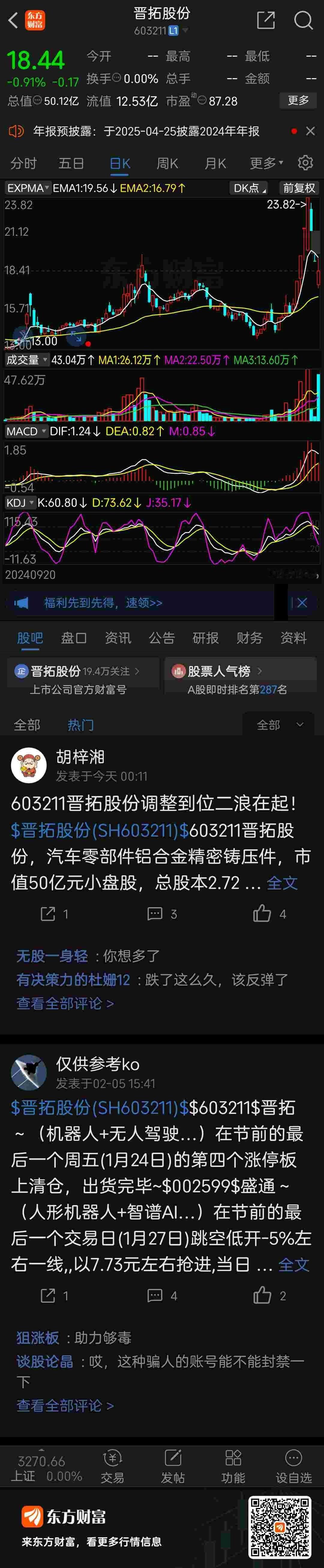 东方财富 晋拓股份（603211）东方财富 两个潜在妖比较，我重点跟踪这个 