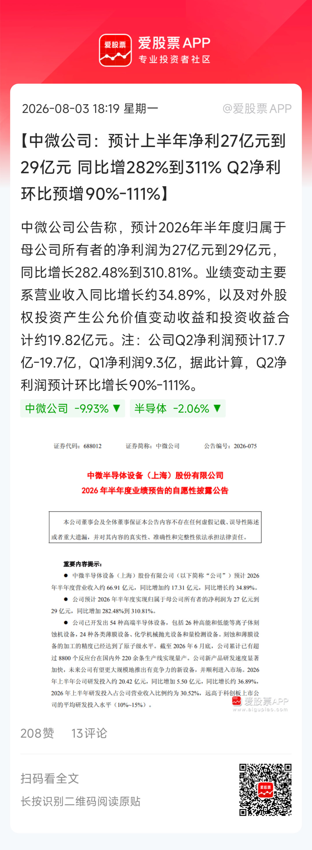【中微公司：预计上半年净利27亿元到29亿元 同比增282%到311% Q2净利