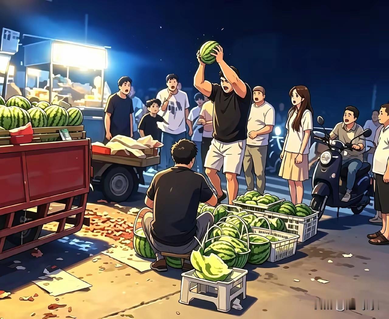 是谁给他勇气欺负卖西瓜的男人，在宁波的夜晚街头，一个社会的败类举起西瓜砸向摊主。