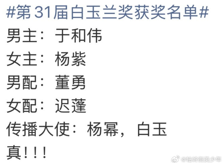 之前爆出来的，已经准了好几个 白玉兰视帝视后最终预测 白玉兰内场
