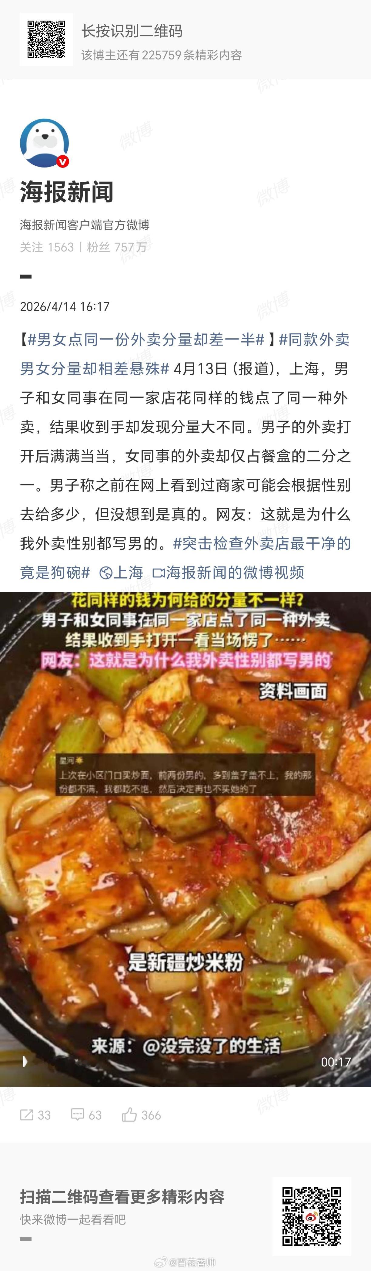 男女点同一份外卖分量却差一半哈哈哈！外卖商家太贼了，男的量大管饱，女的少一半。这