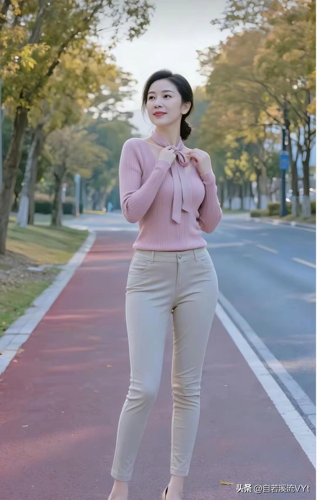 行香子·秋径闲伫
 
梧叶凝黄，漫染长街。晚风轻拂鬓边钗。
粉衫温婉，结带襟怀。